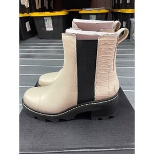 Sorel Joan Now Chelsea Bootie Boots Womens 9 Chalk Leather Pull On Croc Embossed